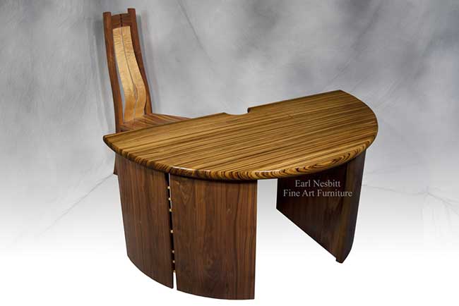 designer desk with chair showing zebrawood desk top